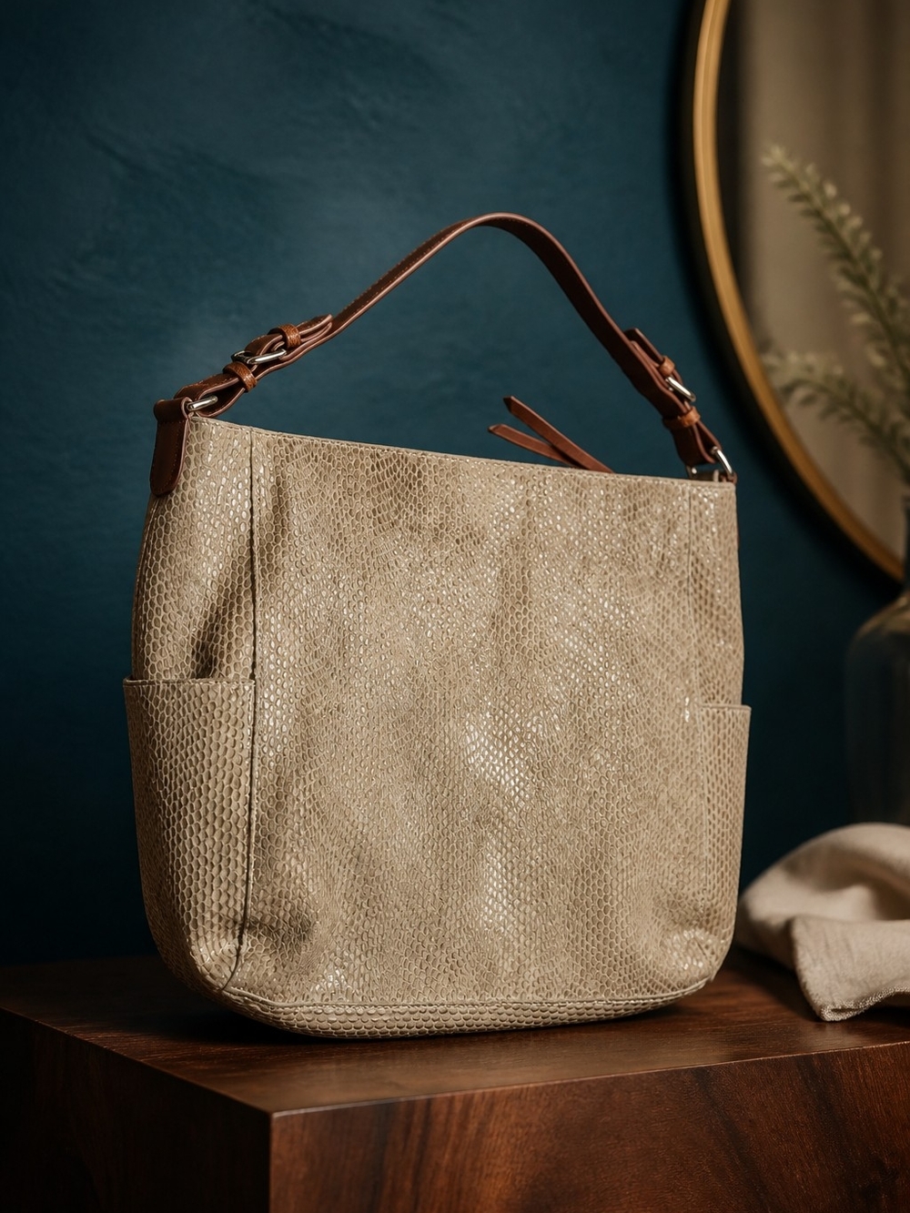 SORIAL Rubina Grey Taupe Snakeskin Embossed Lg Top Handle Hobo Purse